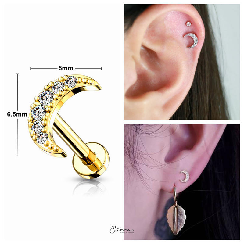 C.Z Moon Internally Threaded Top Cartilage/Tragus Flat Back Studs - Gold-Body Piercing Jewellery, Cartilage, Cubic Zirconia, Jewellery, Tragus, Women's Earrings, Women's Jewellery-2-Glitters