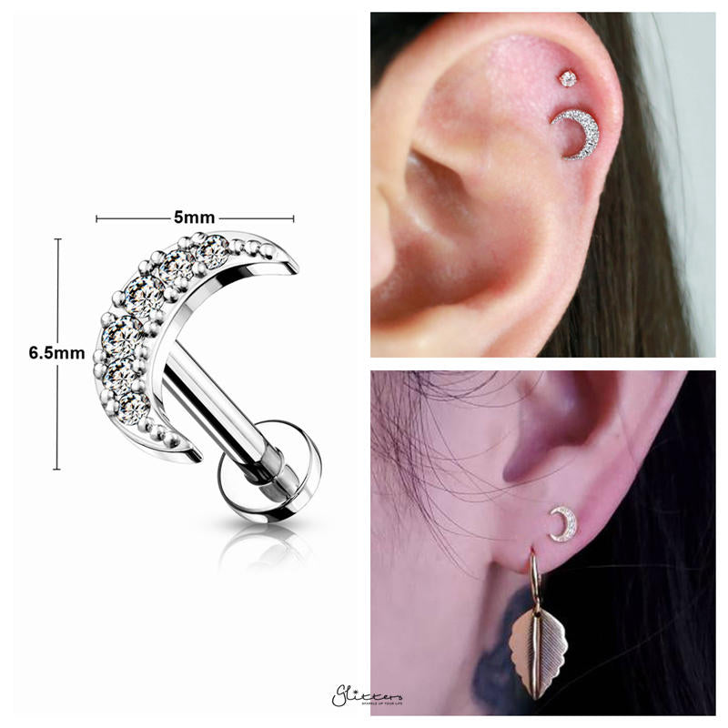 Surgical Steel C.Z Moon Flat Back Tragus Studs Glitters Earrings