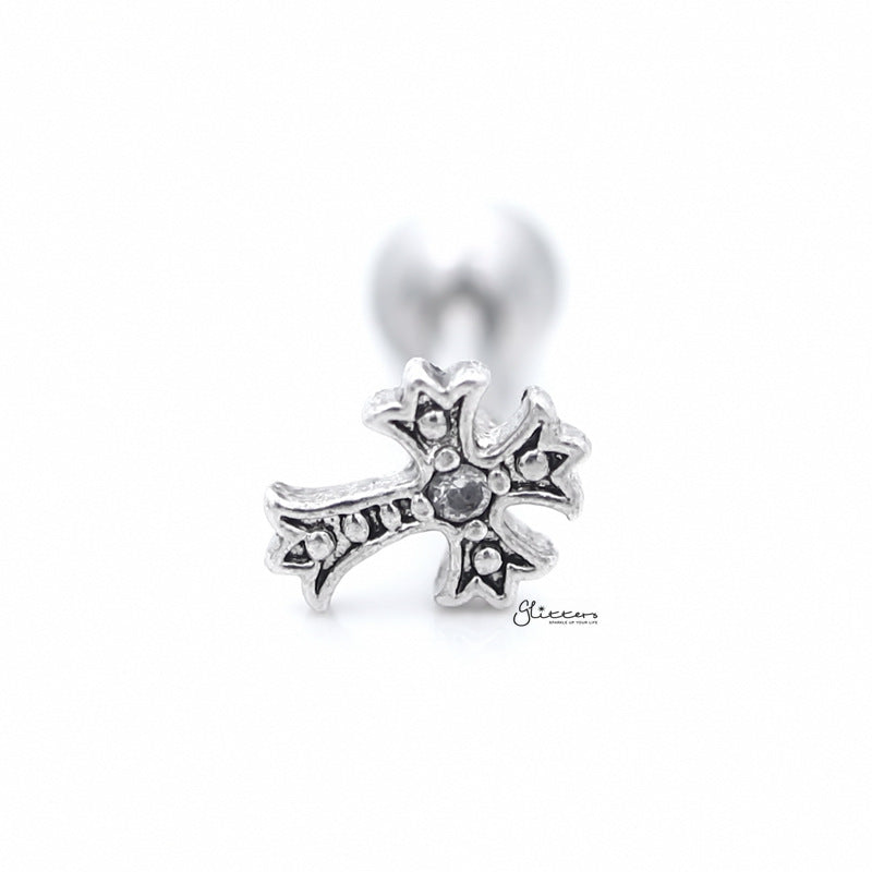 Cross with C.Z Centered Tragus Cartilage Earring Stud-Body Piercing Jewellery, Cartilage, Cubic Zirconia, earrings, Jewellery, Tragus, Women's Earrings, Women's Jewellery-TG0098_800-Glitters