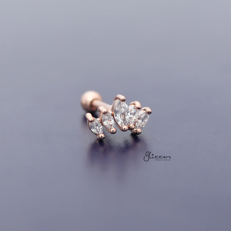 Prong Set Marquise CZ Tragus Cartilage Barbell Stud - Rose Gold-Body Piercing Jewellery, Cartilage, Cubic Zirconia, Jewellery, Tragus, Women's Earrings, Women's Jewellery-TG0122-RG3_806-Glitters