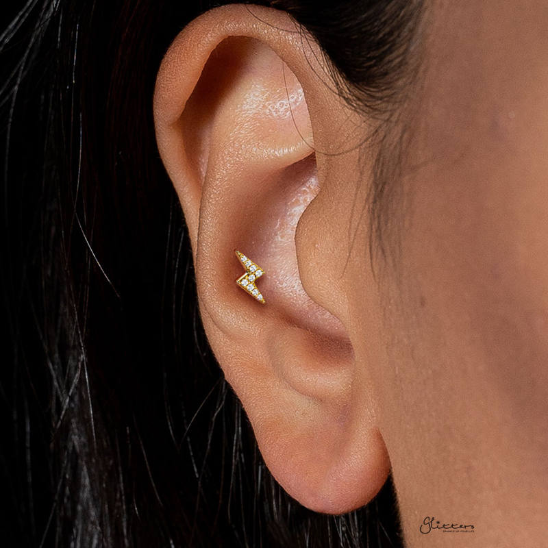 CZ Lightning Bolt Tragus Cartilage Barbell Stud - Silver-Body Piercing Jewellery, Cartilage, Cubic Zirconia, Jewellery, Tragus, Women's Earrings, Women's Jewellery-TG0131-M-Glitters