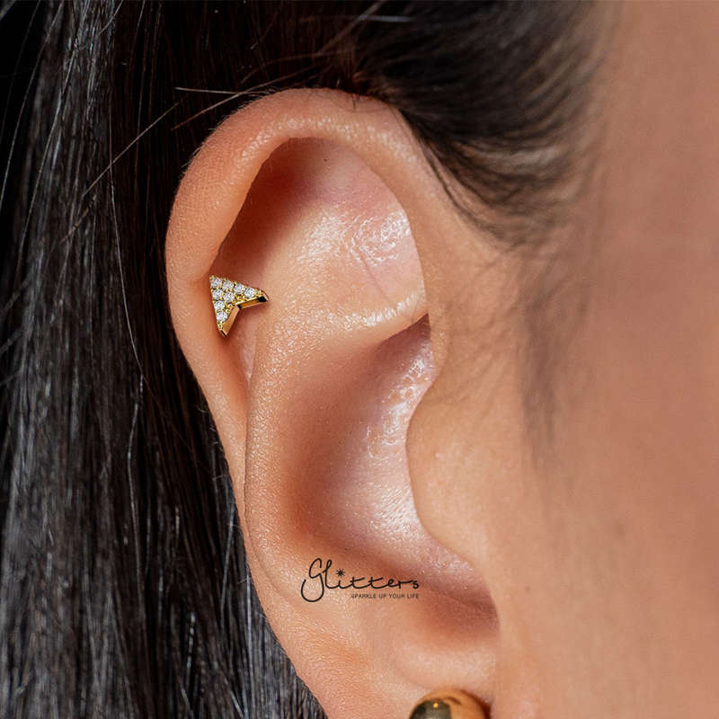 CZ Arrowhead Tragus Cartilage Barbell Stud - Gold-Body Piercing Jewellery, Cartilage, Cubic Zirconia, Jewellery, Tragus, Women's Earrings, Women's Jewellery-TG0132_3_77bf28be-62f4-4181-9683-d59bd905922d-Glitters