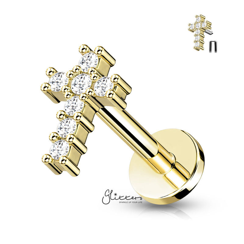 CZ Cross Tragus Cartilage Barbell Stud - Gold-Body Piercing Jewellery, Cartilage, Cubic Zirconia, Jewellery, Tragus, Women's Earrings, Women's Jewellery-TG0133_0-Glitters