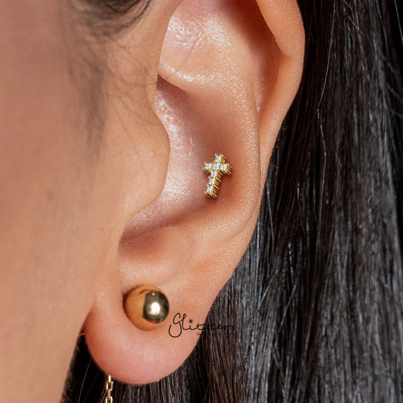 CZ Cross Tragus Cartilage Barbell Stud - Silver-Body Piercing Jewellery, Cartilage, Cubic Zirconia, Jewellery, Tragus, Women's Earrings, Women's Jewellery-TG0133_3-Glitters