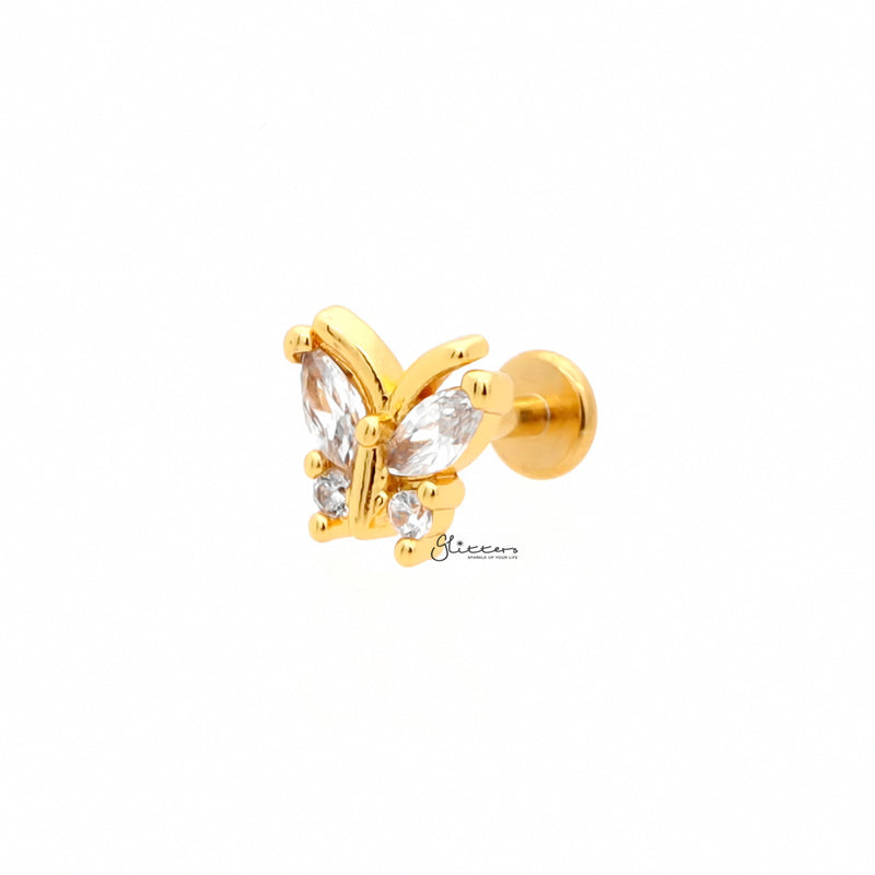 CZ Butterfly Top Flat Back Stud - Gold-Body Piercing Jewellery, Cartilage, Cubic Zirconia, Jewellery, Labret, Tragus, Women's Earrings, Women's Jewellery-TG0140-G2-Glitters