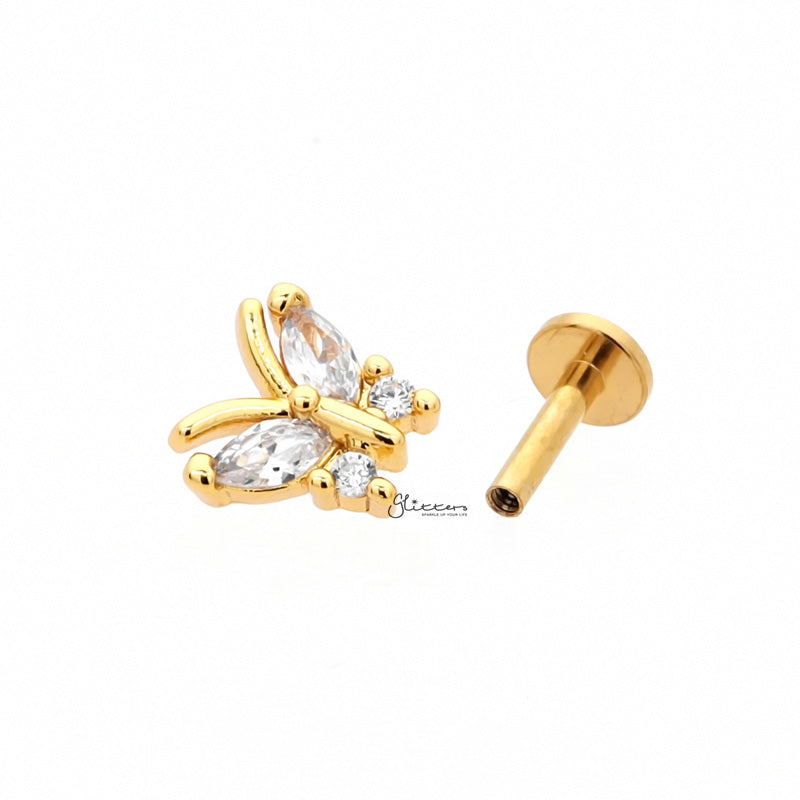 CZ Butterfly Top Flat Back Stud - Gold-Body Piercing Jewellery, Cartilage, Cubic Zirconia, Jewellery, Labret, Tragus, Women's Earrings, Women's Jewellery-TG0140-G5_800-Glitters