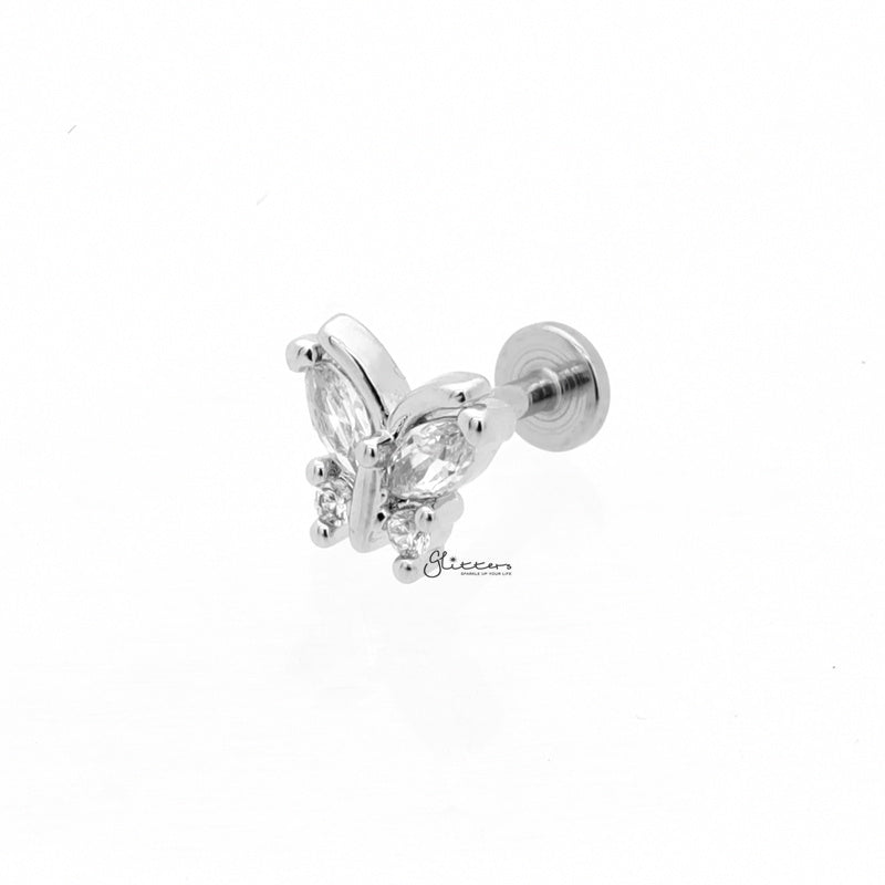 CZ Butterfly Top Flat Back Stud - Silver-Body Piercing Jewellery, Cartilage, Cubic Zirconia, Jewellery, Labret, Tragus, Women's Earrings, Women's Jewellery-TG0140-S2-Glitters