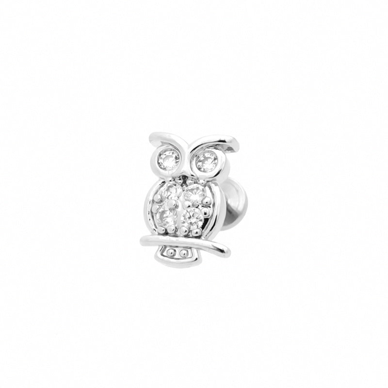 Owl Top Internally Threaded Flat Back Stud-Body Piercing Jewellery, Cartilage, Cubic Zirconia, Labret, Monroe, Tragus-TG0144-2-Glitters