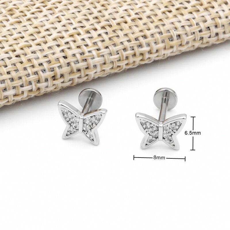 Butterfly Top Internally Threaded Flat Back Stud-Body Piercing Jewellery, Cartilage, Cubic Zirconia, Labret, Monroe, Tragus-TG0145-3_New-Glitters