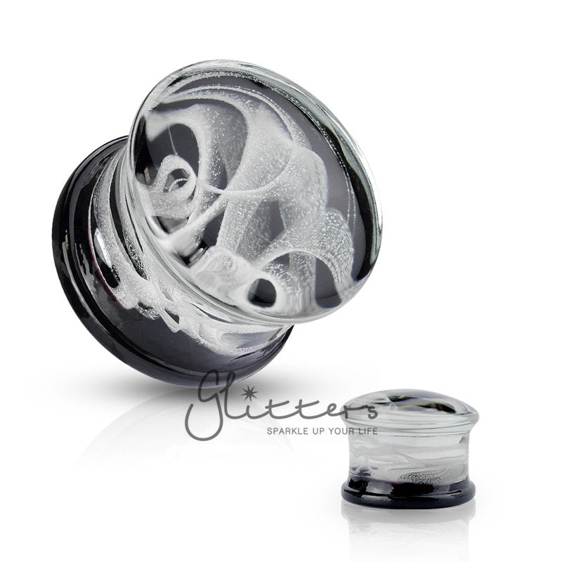 Black back with White Swirling Smoke Pyrex Glass Double Flare Plug Tunnel-Body Piercing Jewellery, Plug, Tunnel-TL0038-1-Glitters