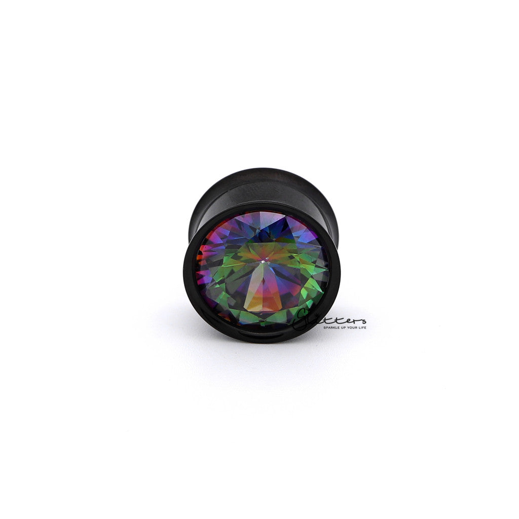 Surgical Steel Double Flared Internally Threaded Screw Fit Tunnel with Multi Color C.Z Front-Body Piercing Jewellery, Cubic Zirconia, Plug, Tunnel-TL0043_1000-02-Glitters