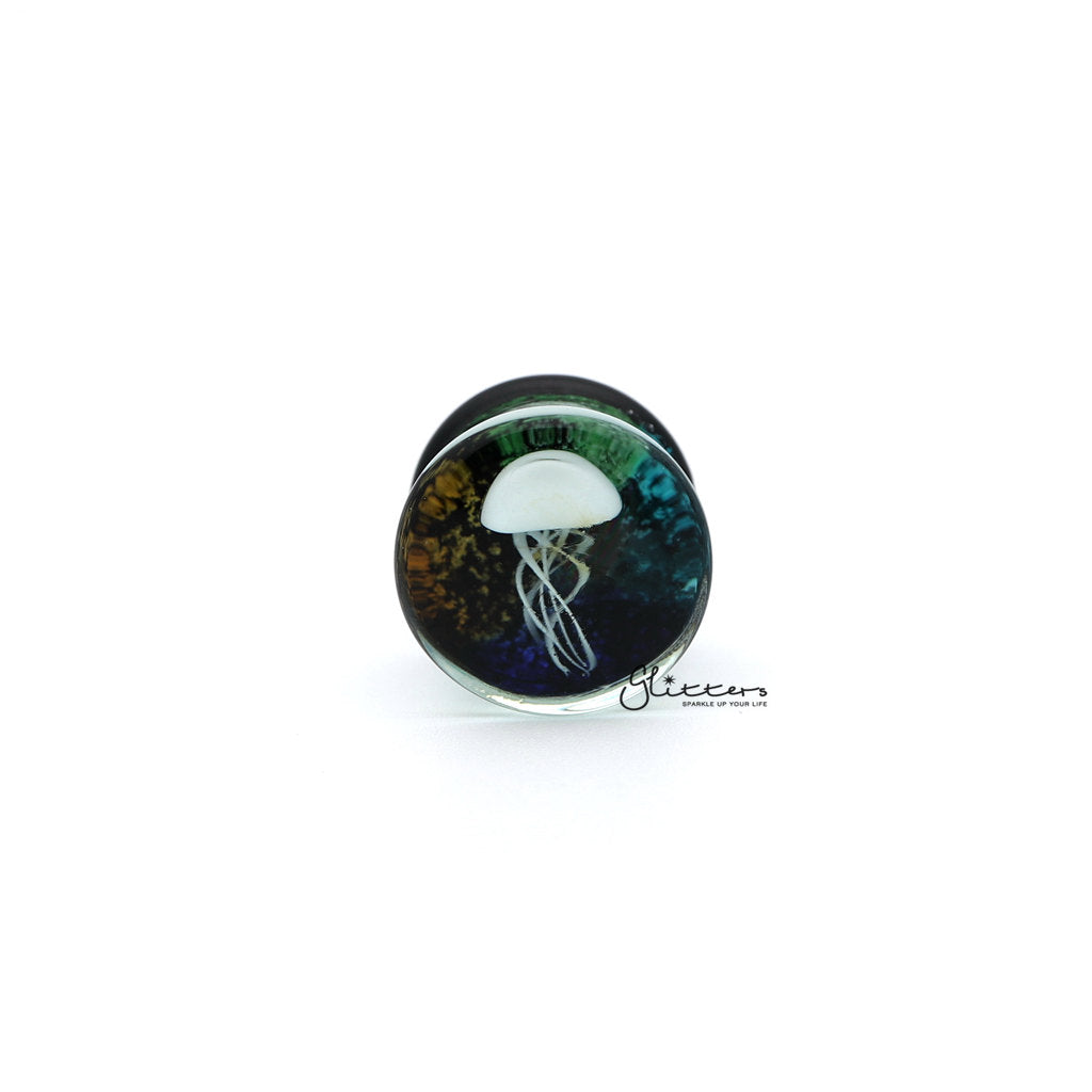 Pyrex Glass Jellyfish Double Flare Black Back with Multi Color Background Tunnel Plugs-Body Piercing Jewellery, Plug, Tunnel-TL0045_1000-01-Glitters