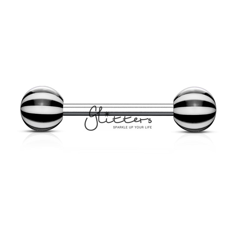 Black Candy Stripe Acrylic Ball with Surgical Steel Tongue Bar-Body Piercing Jewellery, Tongue Bar-TR0001-Candy2-Glitters