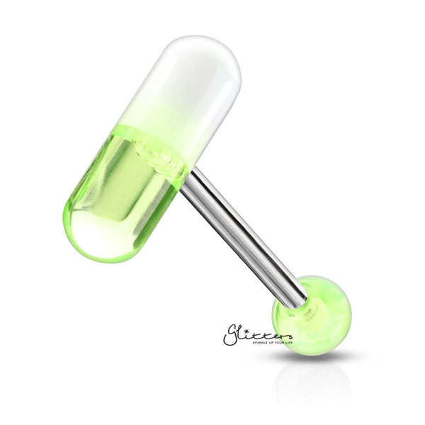 Acrylic 2-Color Pill Tongue Barbell - Green-Body Piercing Jewellery, Tongue Bar-TR0001-Pill-G-Glitters