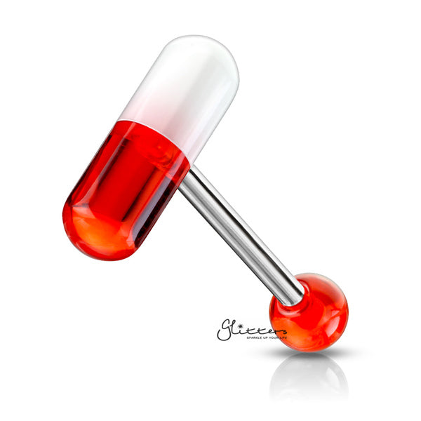 Acrylic 2-Color Pill Tongue Barbell - Red-Body Piercing Jewellery, Tongue Bar-TR0001-Pill-R-Glitters