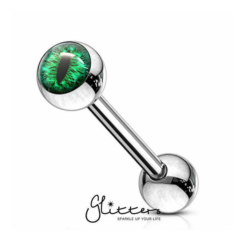 Snake Eye Inlaid Ball Surgical Steel Tongue Barbells-Green-Body Piercing Jewellery, Tongue Bar-TR0002-eye1-Glitters