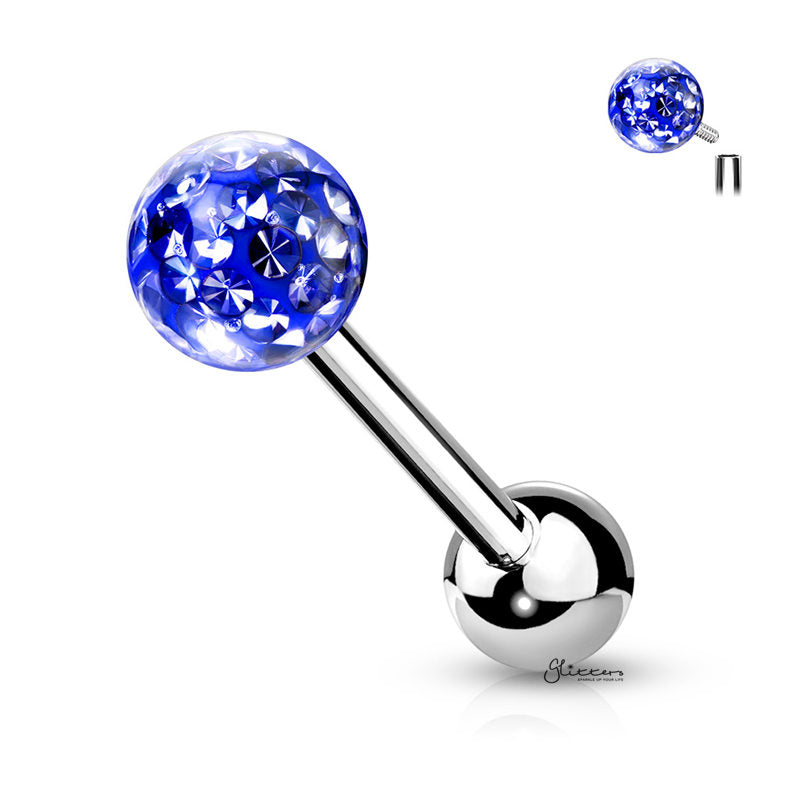 Epoxy Covered Crystal Paved Ferido Balls Tongue Barbell - Blue-Body Piercing Jewellery, Tongue Bar-TR0005-B-Glitters