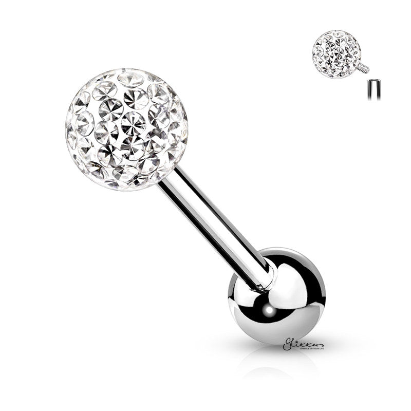 Epoxy Covered Crystal Paved Ferido Balls Tongue Barbell - Clear-Body Piercing Jewellery, Tongue Bar-TR0005-C-Glitters