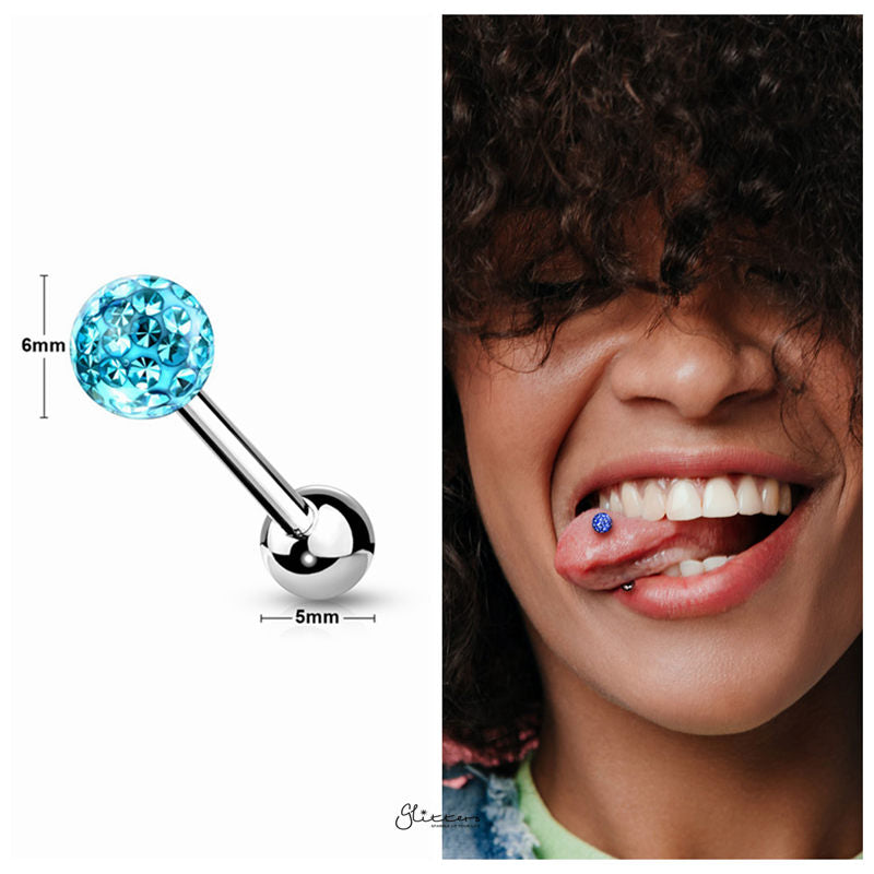 Epoxy Covered Crystal Paved Ferido Balls Tongue Barbell - Aqua-Body Piercing Jewellery, Tongue Bar-1-Glitters