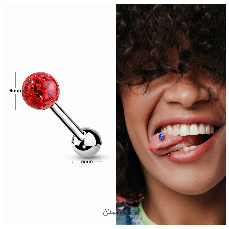 Epoxy Covered Crystal Paved Ferido Balls Tongue Barbell - Red-Body Piercing Jewellery, Tongue Bar-1-Glitters