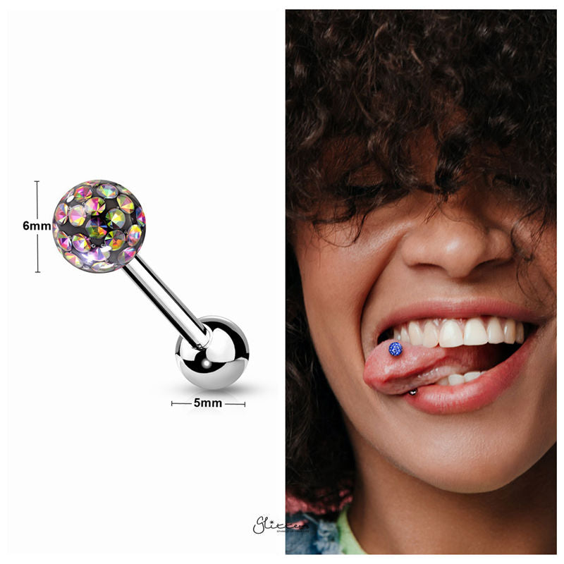 Epoxy Covered Crystal Paved Ferido Balls Tongue Barbell - Vitrail Medium-Body Piercing Jewellery, Tongue Bar-TR0005-vm1-Glitters