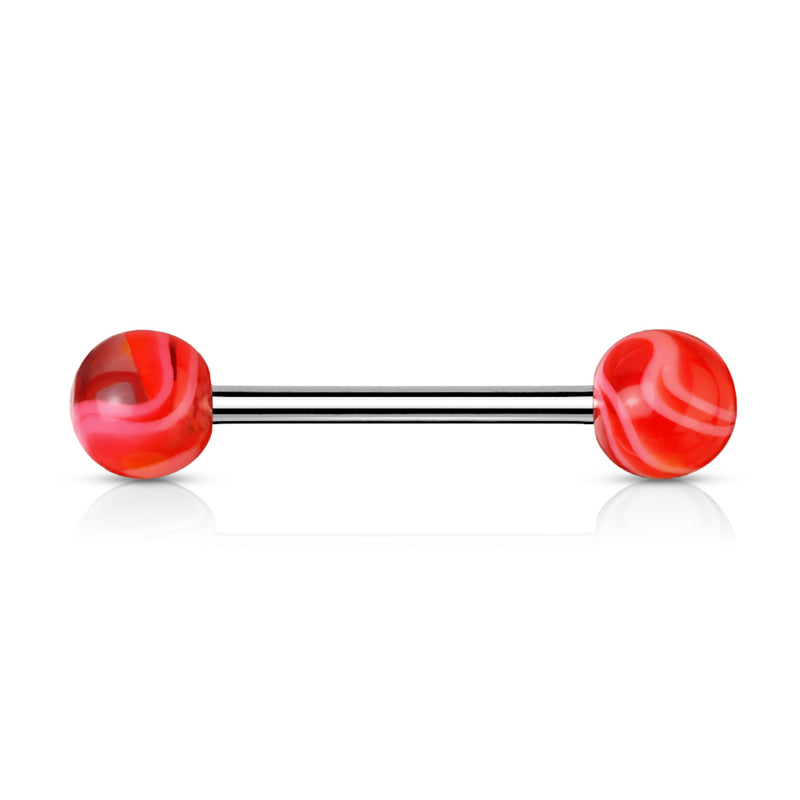 Red Marble Acrylic Ball with Surgical Steel Tongue Barbell-Body Piercing Jewellery, Tongue Bar-TR0012-R-Glitters