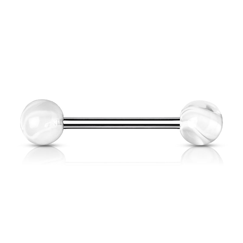 White Marble Acrylic Ball with Surgical Steel Tongue Barbell-Body Piercing Jewellery, Tongue Bar-TR0012-W-Glitters