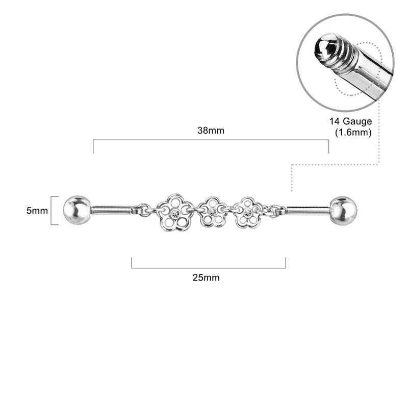 Triple Crystal Center Flower Chain Industrial Barbell - Silver-Body Piercing Jewellery, Cubic Zirconia, Industrial Barbell-TripleCrystalCenterFlowerChainIndustrialBarbell-3_1-Glitters