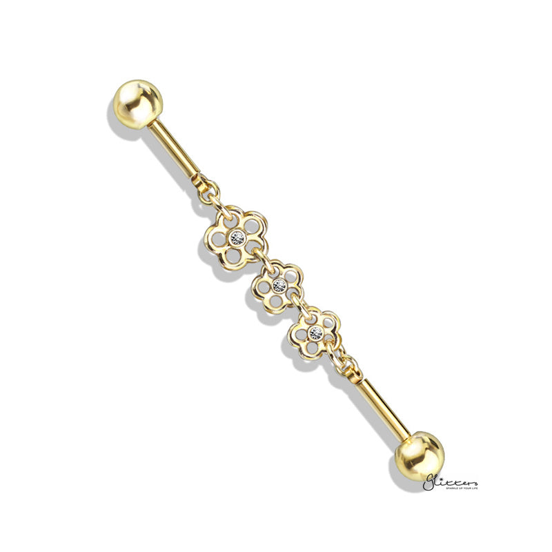 Triple Crystal Center Flower Chain Industrial Barbell - Gold-Body Piercing Jewellery, Cubic Zirconia, Industrial Barbell-TripleCrystalCenterFlowerChainIndustrialBarbell-G-Glitters