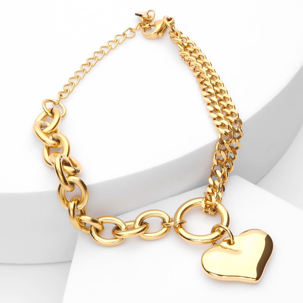 Stainless Steel Women's Bracelet with Dangle Heart Charm - Gold-Bracelets, Jewellery, New, Stainless Steel, Stainless Steel Bracelet, Women's Bracelet, Women's Jewellery-WB0003-G3_1-Glitters