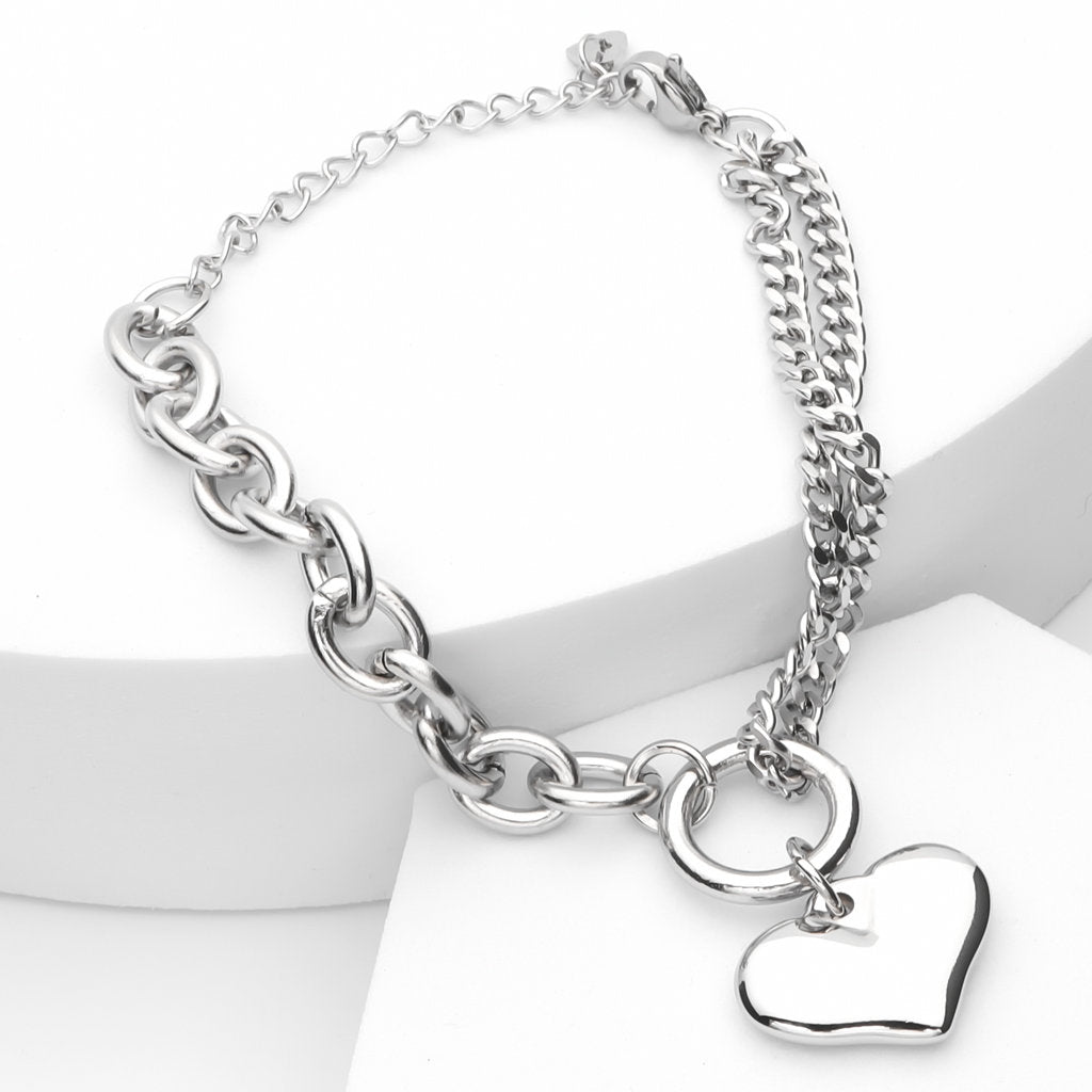 Stainless Steel Women's Bracelet with Dangle Heart Charm - Silver-Bracelets, Jewellery, New, Stainless Steel, Stainless Steel Bracelet, Women's Bracelet, Women's Jewellery-WB0003-S3_1-Glitters