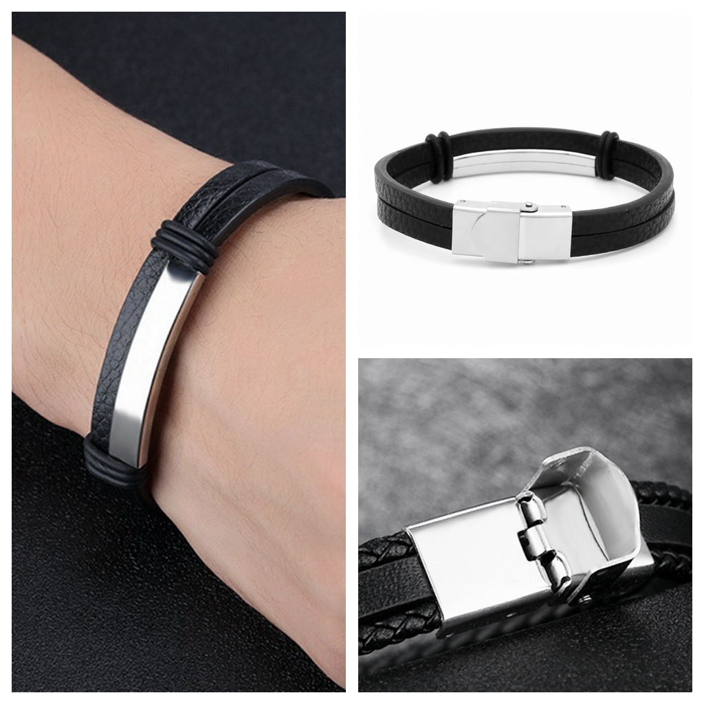 Double Layers Leather Bracelet with Stainless Steel ID Plate-Bracelets, ID Bracelet, Jewellery, leather bracelet, Men's Bracelet, Men's Jewellery, Stainless Steel, Women's Bracelet, Women's Jewellery-bc0201-2-Glitters