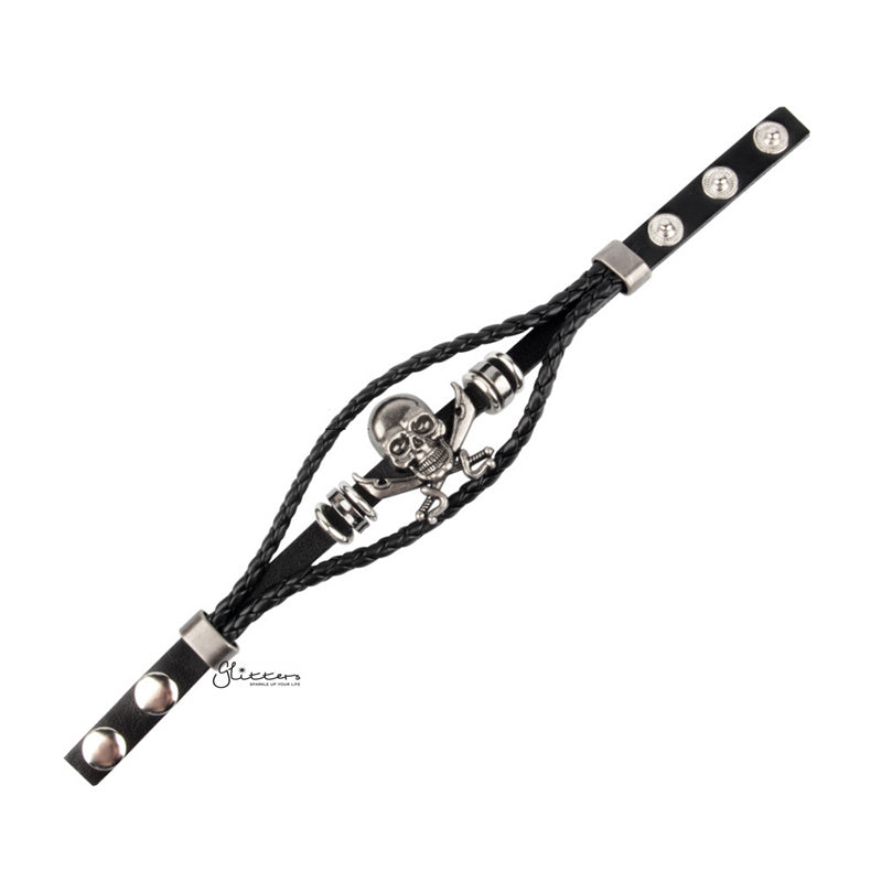 Classic Multilayer Pirate Skull and Cross Swords Adjustable Leather Bracelet-Bracelets, Jewellery, leather bracelet, Men's Bracelet, Men's Jewellery-bcl0186-3800-Glitters