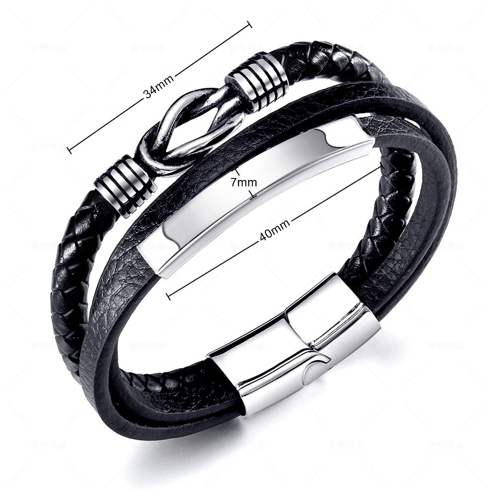 Multilayer Leather Love Knot Bracelet with ID Plate-Bracelets, Jewellery, leather bracelet, Men's Bracelet, Men's Jewellery, Stainless Steel-bcl0206_1__New-Glitters