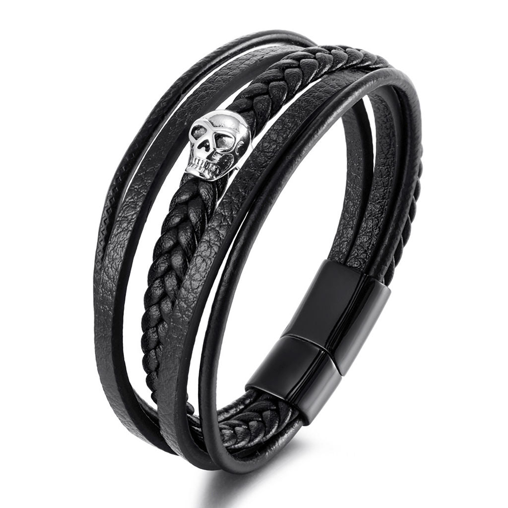 Mens leather hot sale skull bracelet