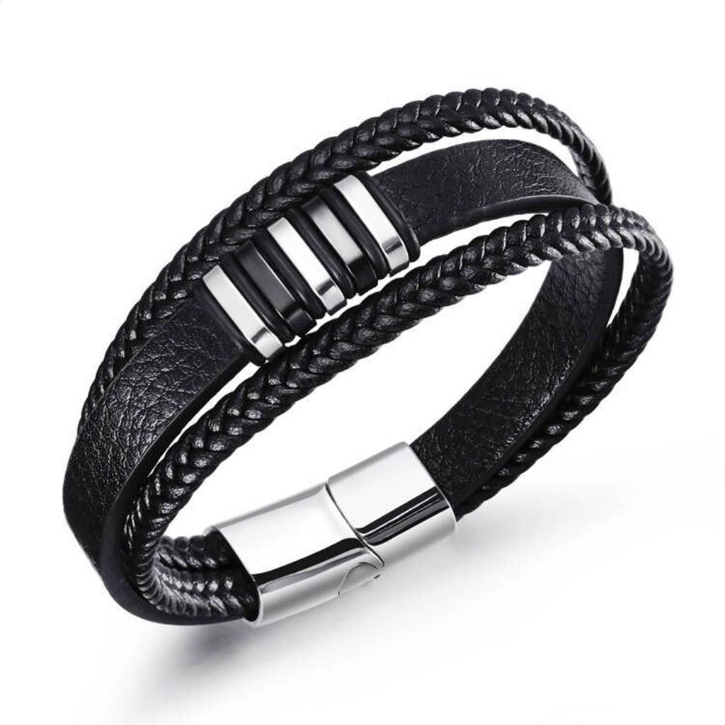Multilayer Leather Bracelet with Magnetic Clasp-Bracelets, Jewellery, leather bracelet, Men's Bracelet, Men's Jewellery, Stainless Steel-bcl0229-3_1-Glitters
