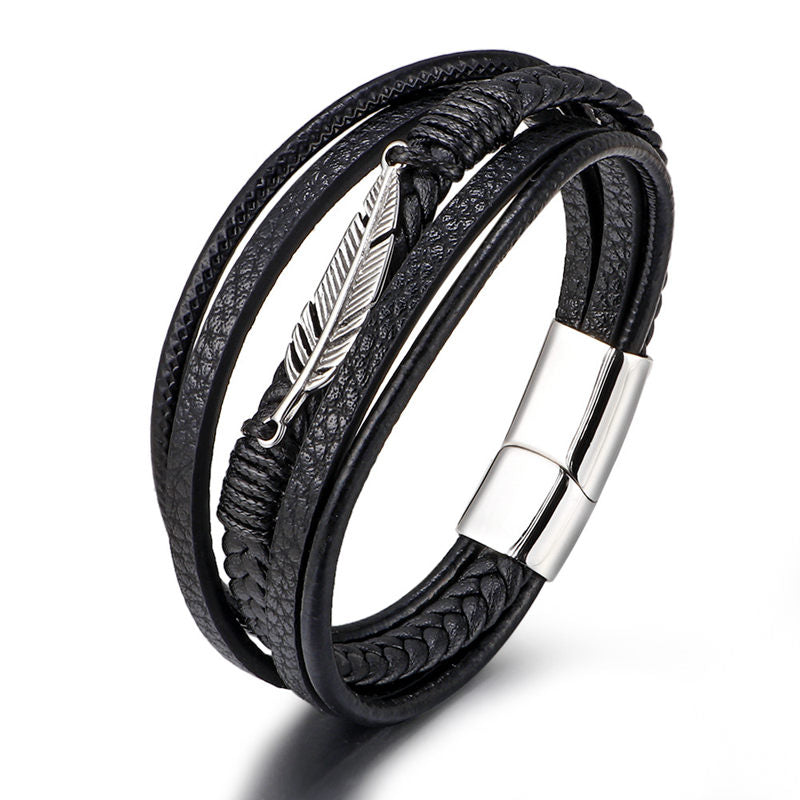 Multilayer Leather Bracelet with Feather Ornament-Bracelets, Jewellery, leather bracelet, Men's Bracelet, Men's Jewellery, New, Stainless Steel-bcl0233-4_1-Glitters