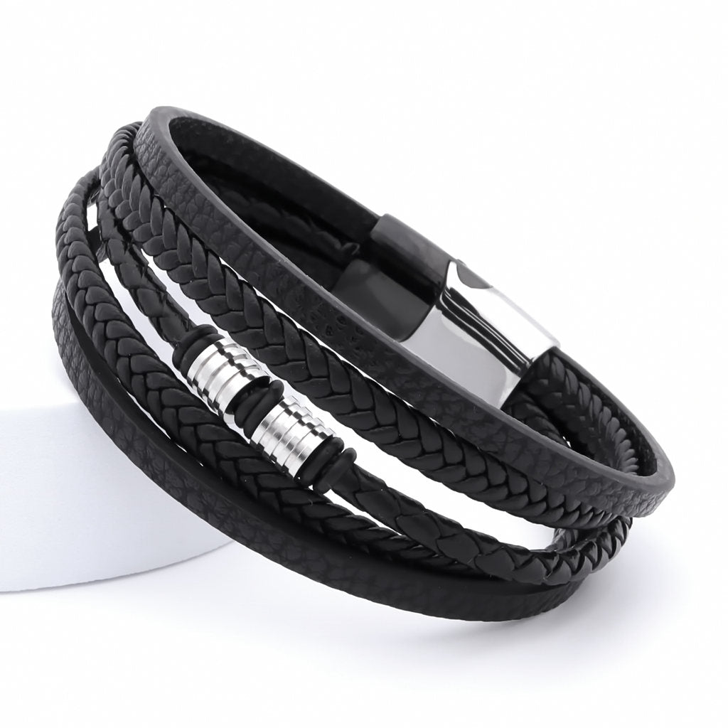 Multilayer Black Leather Bracelet-Bracelets, Jewellery, leather bracelet, Men's Bracelet, Men's Jewellery, New, Stainless Steel-bcl0234-2_1-Glitters