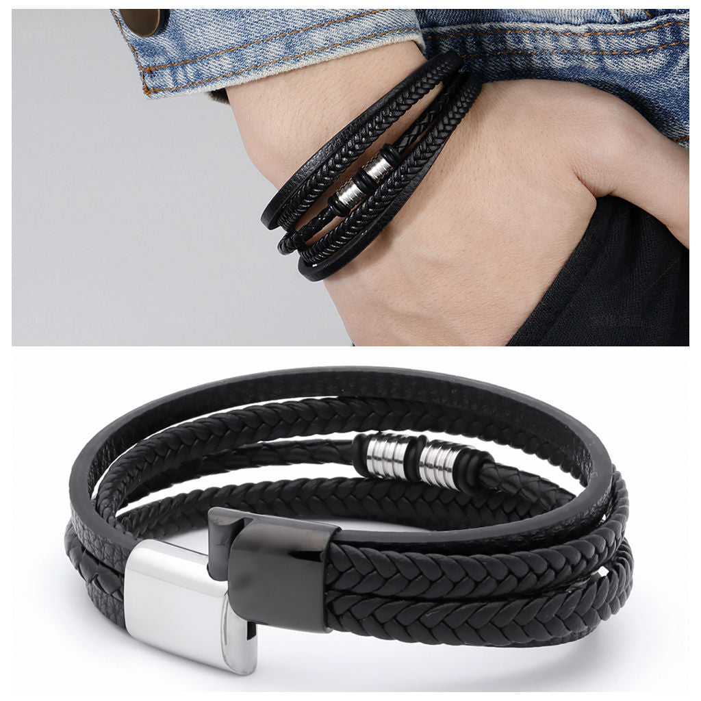 Multilayer Black Leather Bracelet-Bracelets, Jewellery, leather bracelet, Men's Bracelet, Men's Jewellery, New, Stainless Steel-bcl0234_5-Glitters