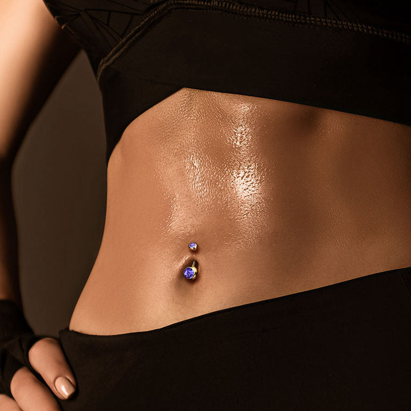 Gold I.P Double Gems Belly Button Navel Rings-Belly Ring, Body Piercing Jewellery-bj0058-m-Glitters