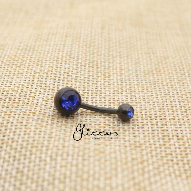 Black Titanium I.P Surgical Steel Double Gem Belly Button Ring - Blue-Belly Ring, Body Piercing Jewellery-bj0059-07-Glitters