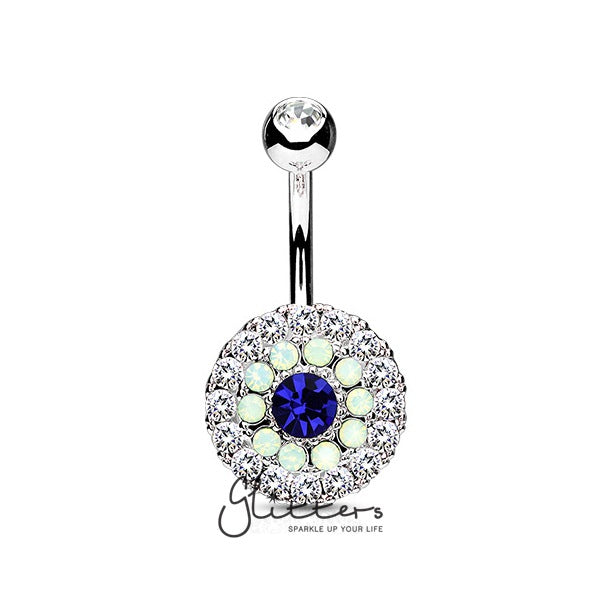 Multi Circle Triple Tiered Crystal and Blue Opalite Surgical Steel Navel Ring-Belly Ring, Body Piercing Jewellery-bj0278-B2-Glitters