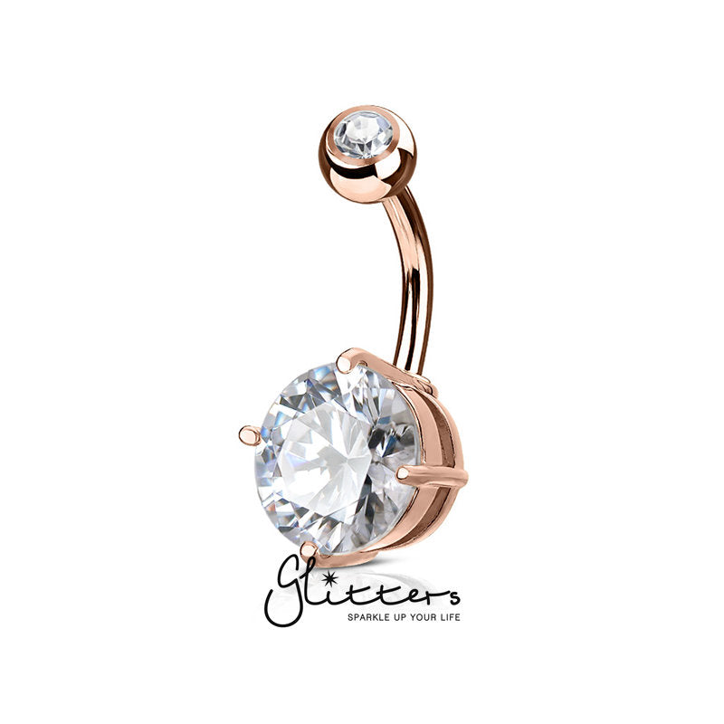 Double Gemmed Solitaire Round CZ Prong Set Belly Button Ring - Rose Gold-Belly Ring, Body Piercing Jewellery, Cubic Zirconia-bj0288-Rosegold-Glitters