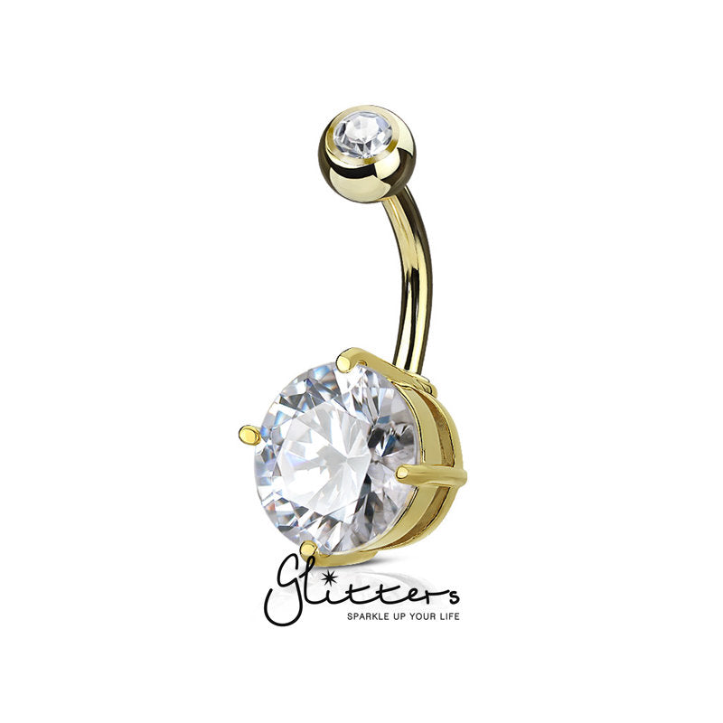 Double Gemmed Solitaire Round CZ Prong Set Belly Button Ring - Gold-Belly Ring, Body Piercing Jewellery, Cubic Zirconia-bj0288-g-Glitters