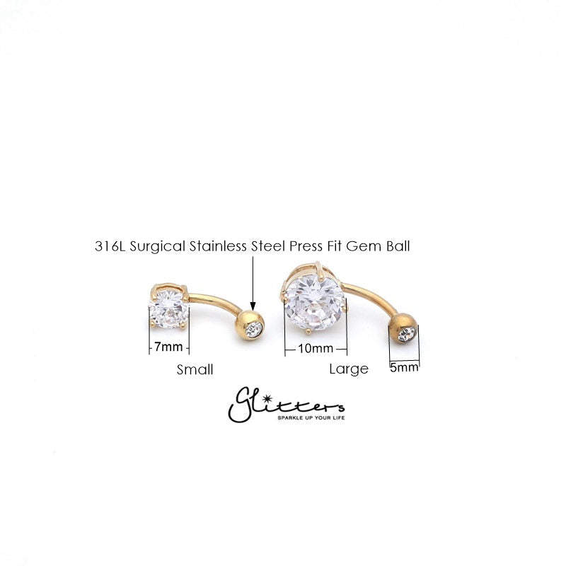 Double Gemmed Solitaire Round CZ Prong Set Belly Button Ring - Gold-Belly Ring, Body Piercing Jewellery, Cubic Zirconia-bj0288-gold_New-Glitters