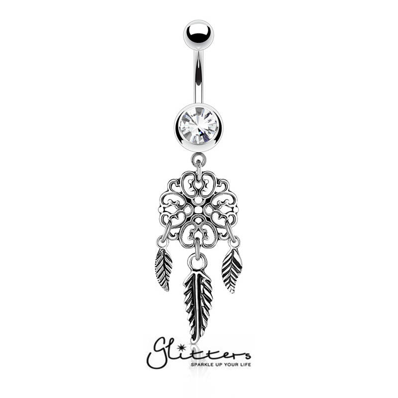 Heart Filigree Dream Catcher Dangle Belly Button Navel Rings-Belly Ring, Body Piercing Jewellery, Crystal-bj02921-Glitters