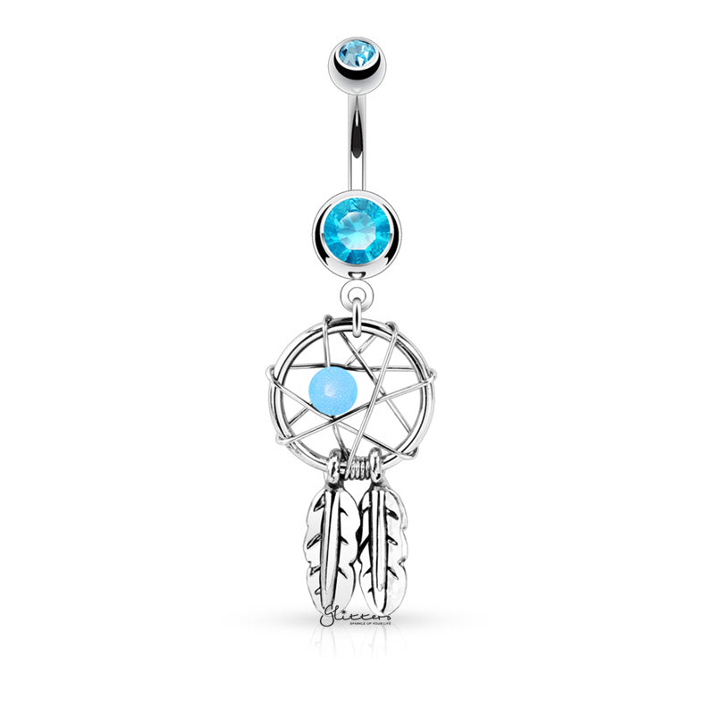 Dream Catcher Woven Star Design Belly Button Navel Ring - Aqua-Belly Ring, Body Piercing Jewellery, Cubic Zirconia-bj0298-Q1_1-Glitters