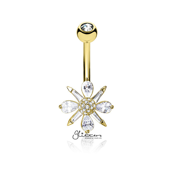 Barguette CZ and Pear CZ Clustered and CZ paved Ball Center Belly Button Navel Rings-Belly Ring, Body Piercing Jewellery, Cubic Zirconia-bj0301-G-Glitters