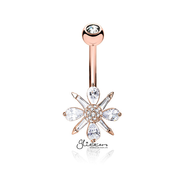 Barguette CZ and Pear CZ Clustered and CZ paved Ball Center Belly Button Navel Rings-Belly Ring, Body Piercing Jewellery, Cubic Zirconia-bj0301-RG-Glitters