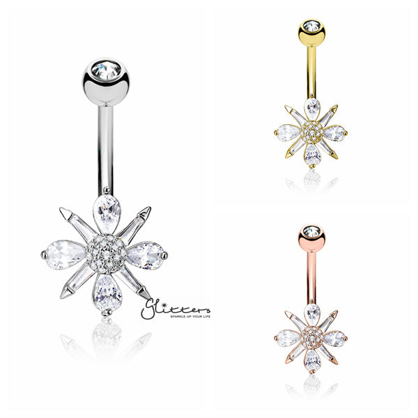 Barguette CZ and Pear CZ Clustered and CZ paved Ball Center Belly Button Navel Rings-Belly Ring, Body Piercing Jewellery, Cubic Zirconia-bj0301-all-Glitters